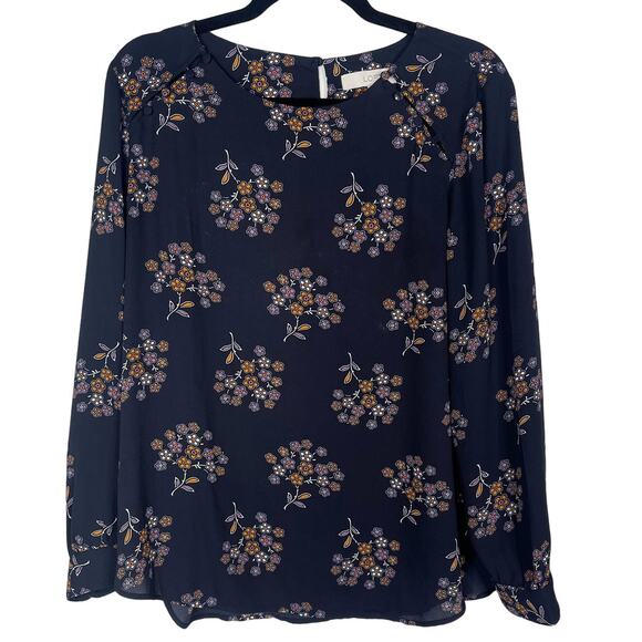 LOFT Large Petite LP Navy Blue Floral Long Sleeve Blouse Top Button Shoulder - Picture 1 of 8